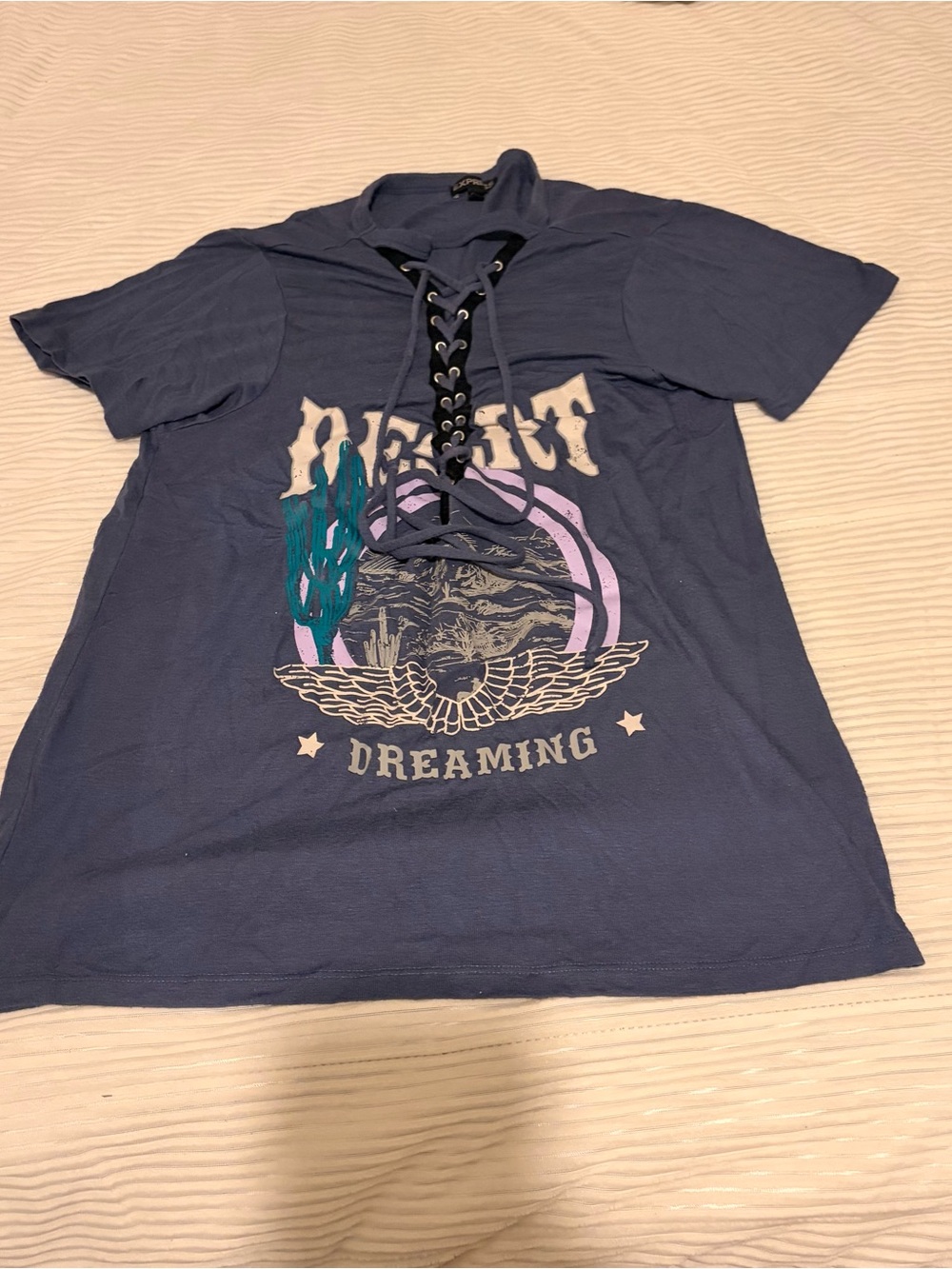 Express Blue Lace-Up Graphic Short Sleeve Shirt